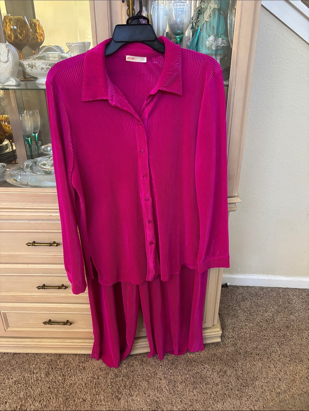 Women’s Ribbed Button-Front Pant Set - Fuchsia Pink